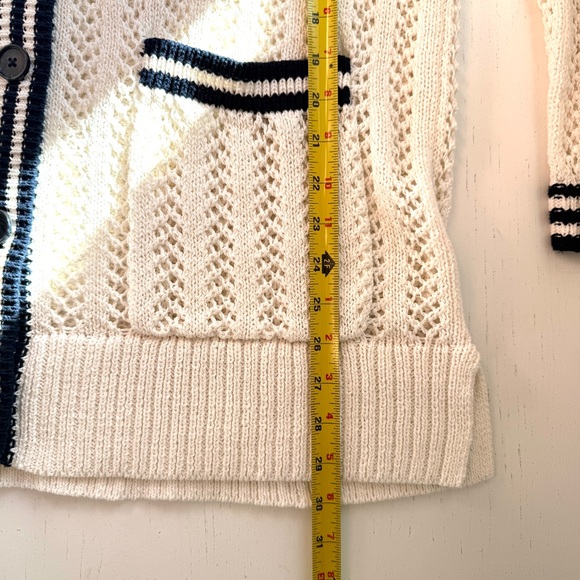Lou & Grey Tipped Crochet  V-Neck Pocket Cardigan L Nautical Preppy Cotton - Picture 8 of 11